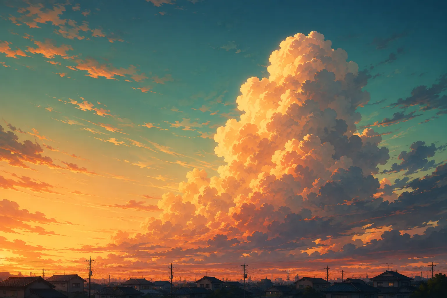 夏の夕暮れの空に浮かぶ入道雲と住宅街のシルエットを描いたイラスト